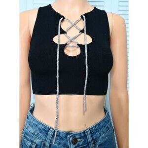 Bershka Black Knit Crop Top Rhinestone Lace Up Sleeveless Women’s Size S